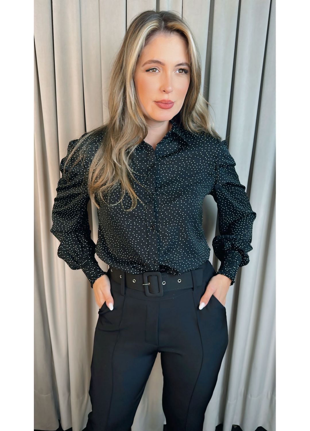Camisa Feminina Manga Longa Poa - C... - D'Menina