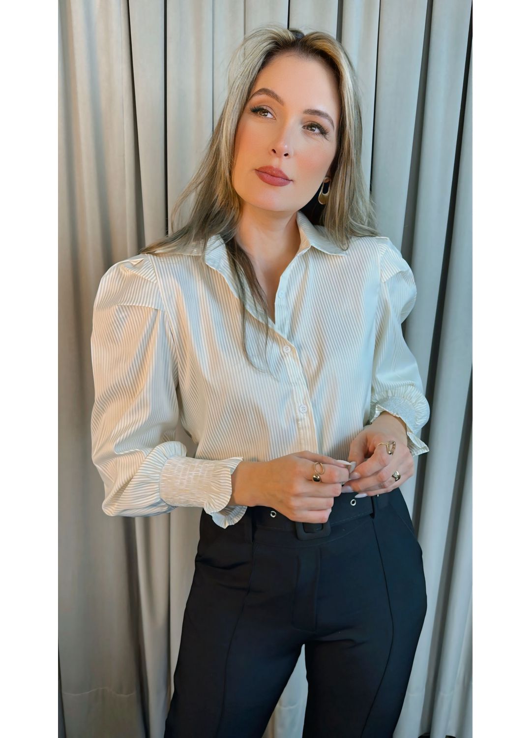 Camisa Feminina Manga Longa Listrad... - D'Menina