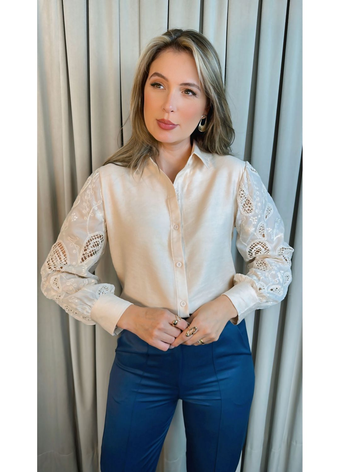 Camisa Feminina Manga Longa Bordada... - D'Menina