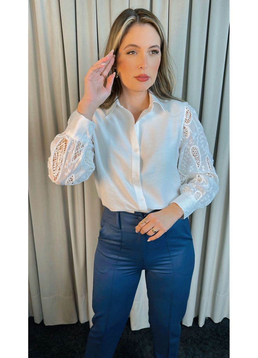 Camisa Feminina Manga Longa Bordada... - D'Menina