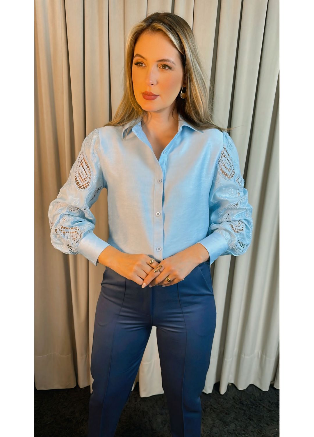 Camisa Feminina Manga Longa Bordada... - D'Menina