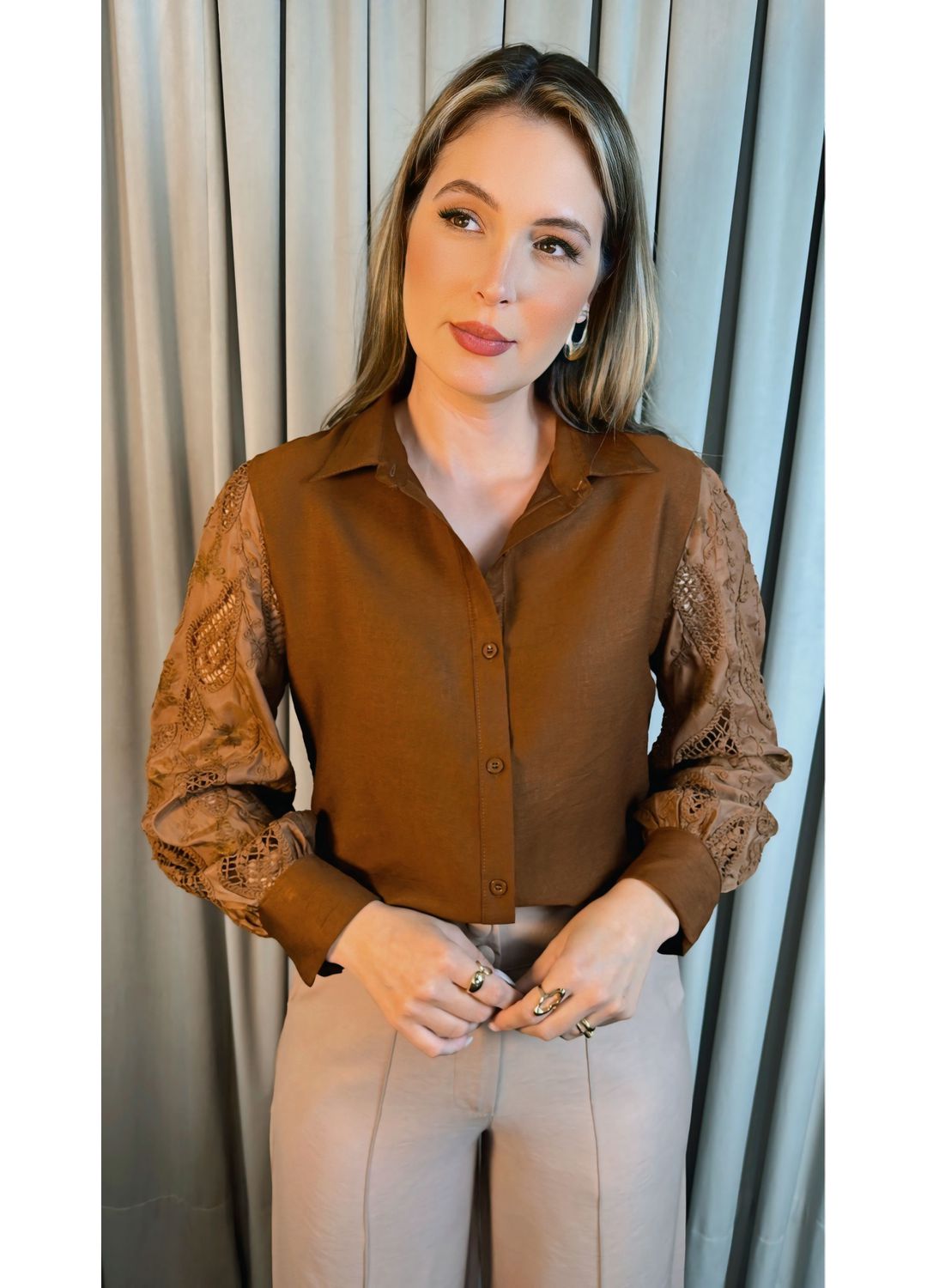 Camisa Feminina Manga Longa Bordada... - D'Menina