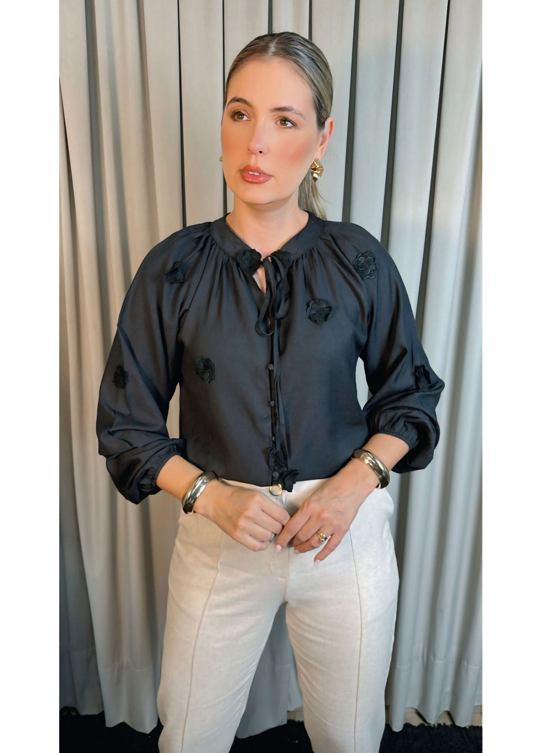 Camisa Feminina Manga Longa Bordada... - D'Menina