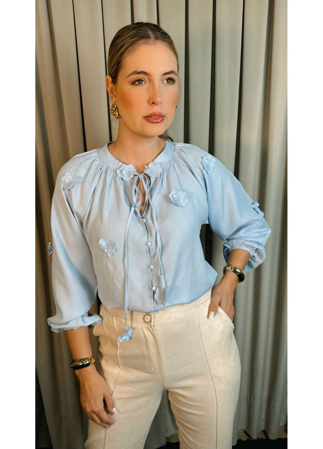 Camisa Feminina Manga Longa Bordada... - D'Menina