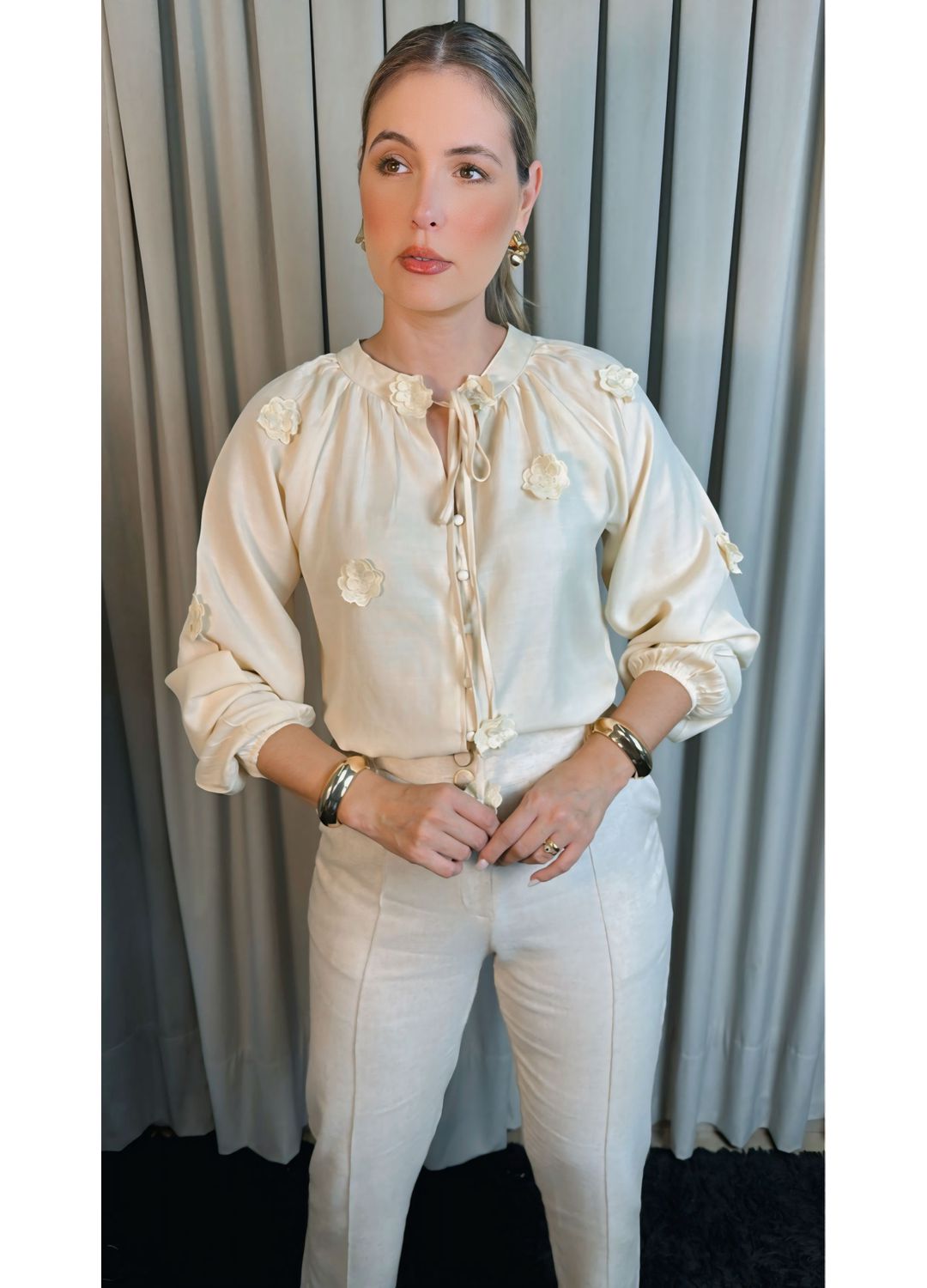Camisa Feminina Manga Longa Bordada... - D'Menina