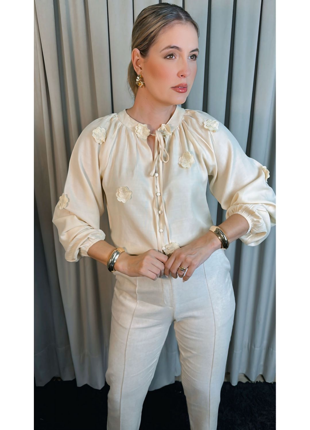 Camisa Feminina Manga Longa Bordada... - D'Menina