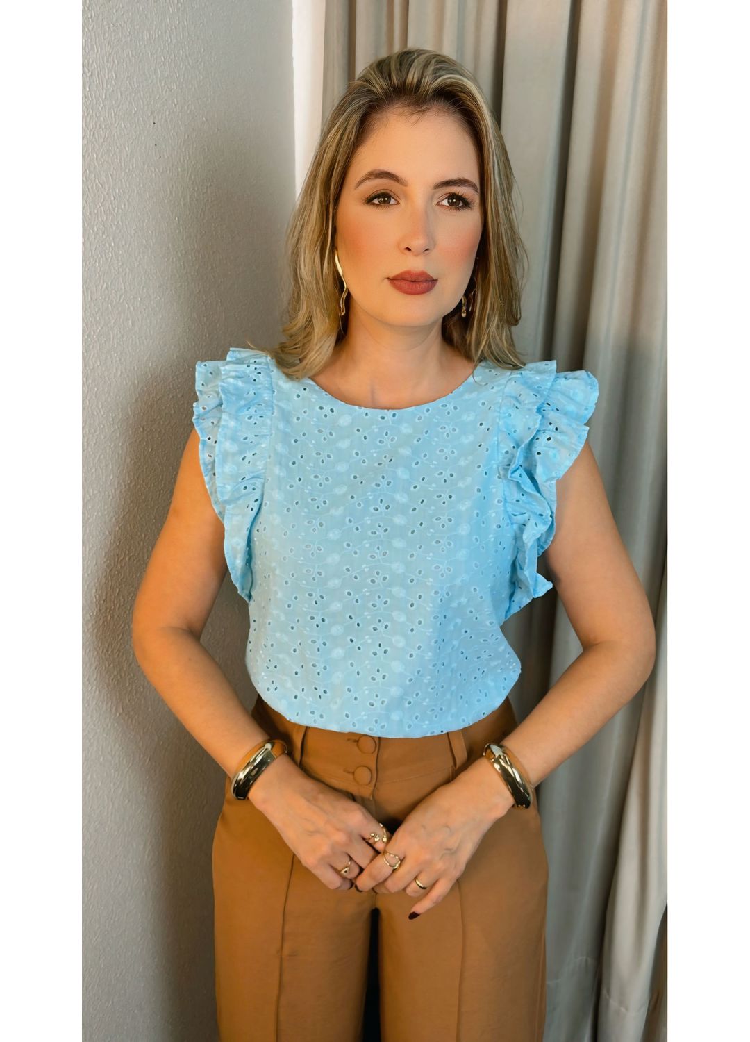 Blusa Feminina Em Lese Bordada - Az... - D'Menina