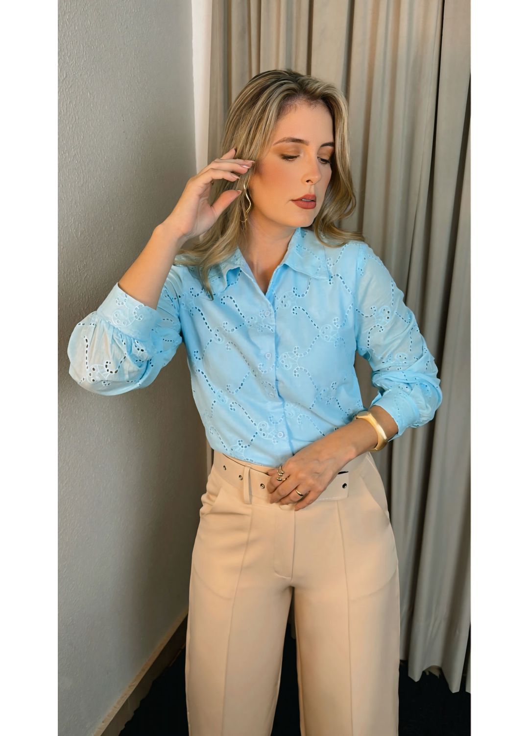 Camisa Feminina Em Lese Bordada Man... - D'Menina