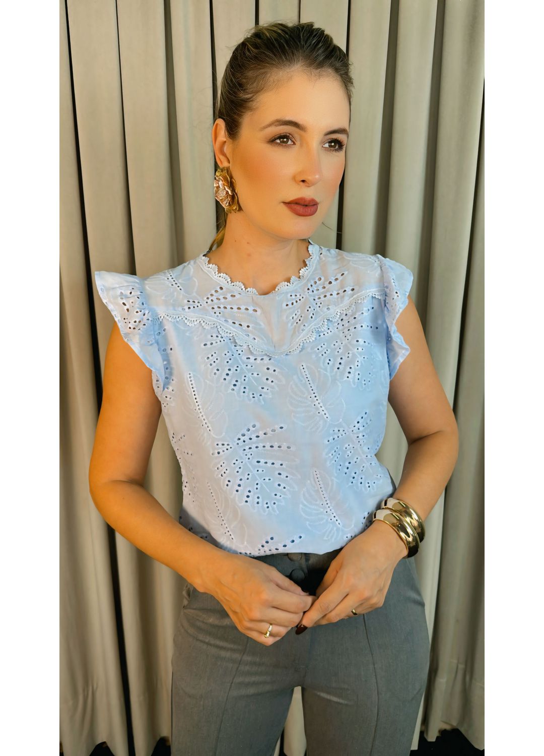 Blusa Feminina Em Lese Bordada - Az... - D'Menina