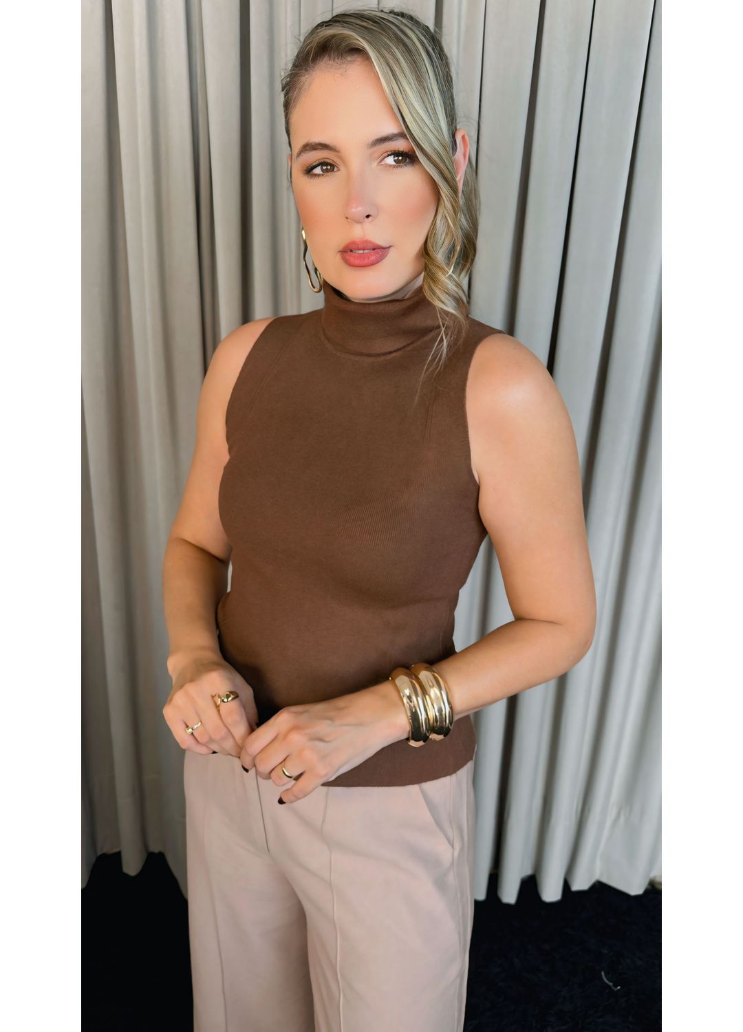 Blusa Básica Em Trico - Marrom - Co... - D'Menina