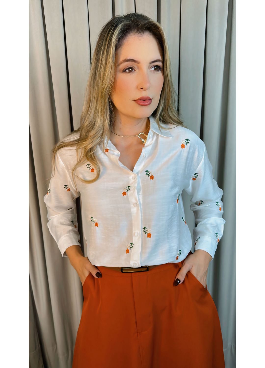 Camisa Feminina Manga Longa Bordada... - D'Menina