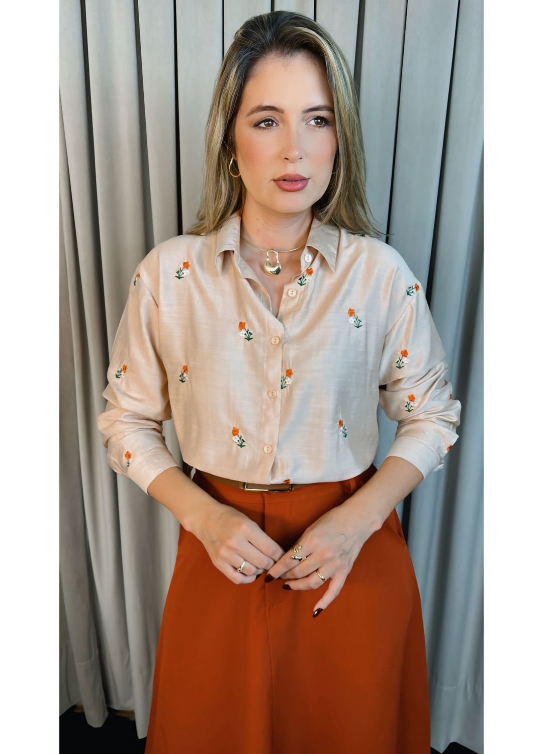 Camisa Feminina Manga Longa Bordada... - D'Menina