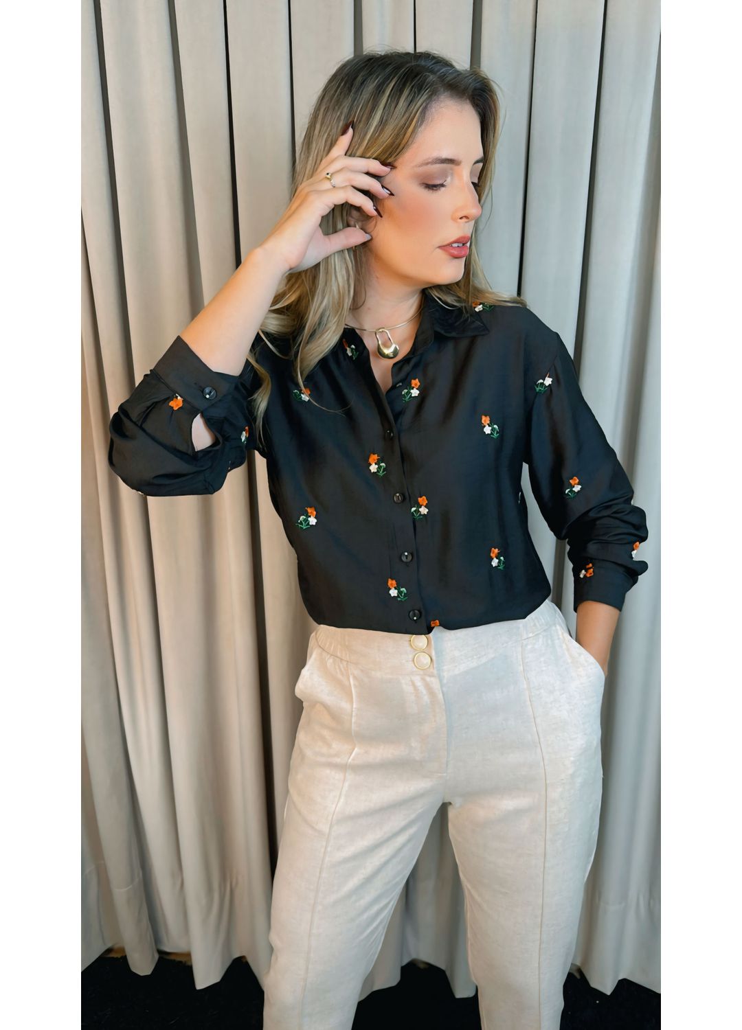 Camisa Feminina Manga Longa Bordada... - D'Menina