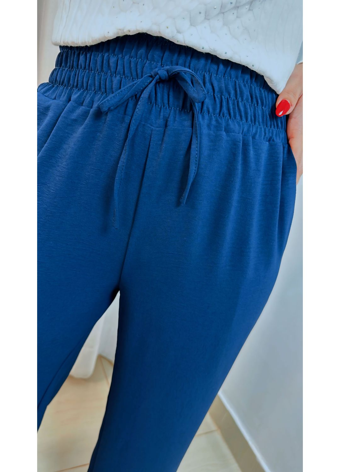 Calça Pantalona Elástico Azul Marin... - D'Menina