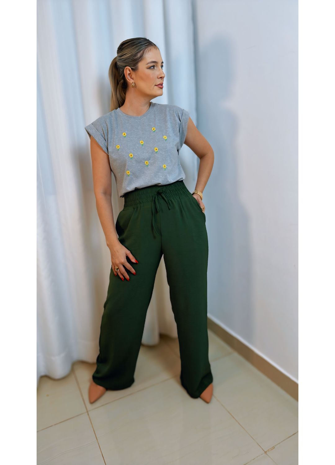 Calça Pantalona Elástico Verde Mili... - D'Menina