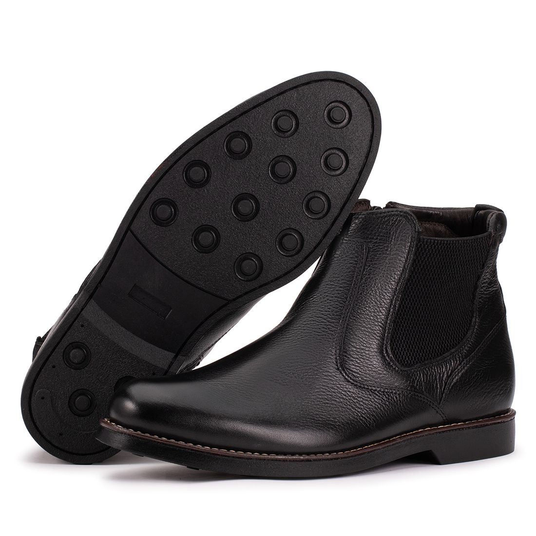 Bota Chelsea Couro Legítimo Preto Bico Redondo Confortável