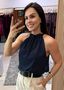 Blusa Chiffon Poá Georgina Azul Marinho