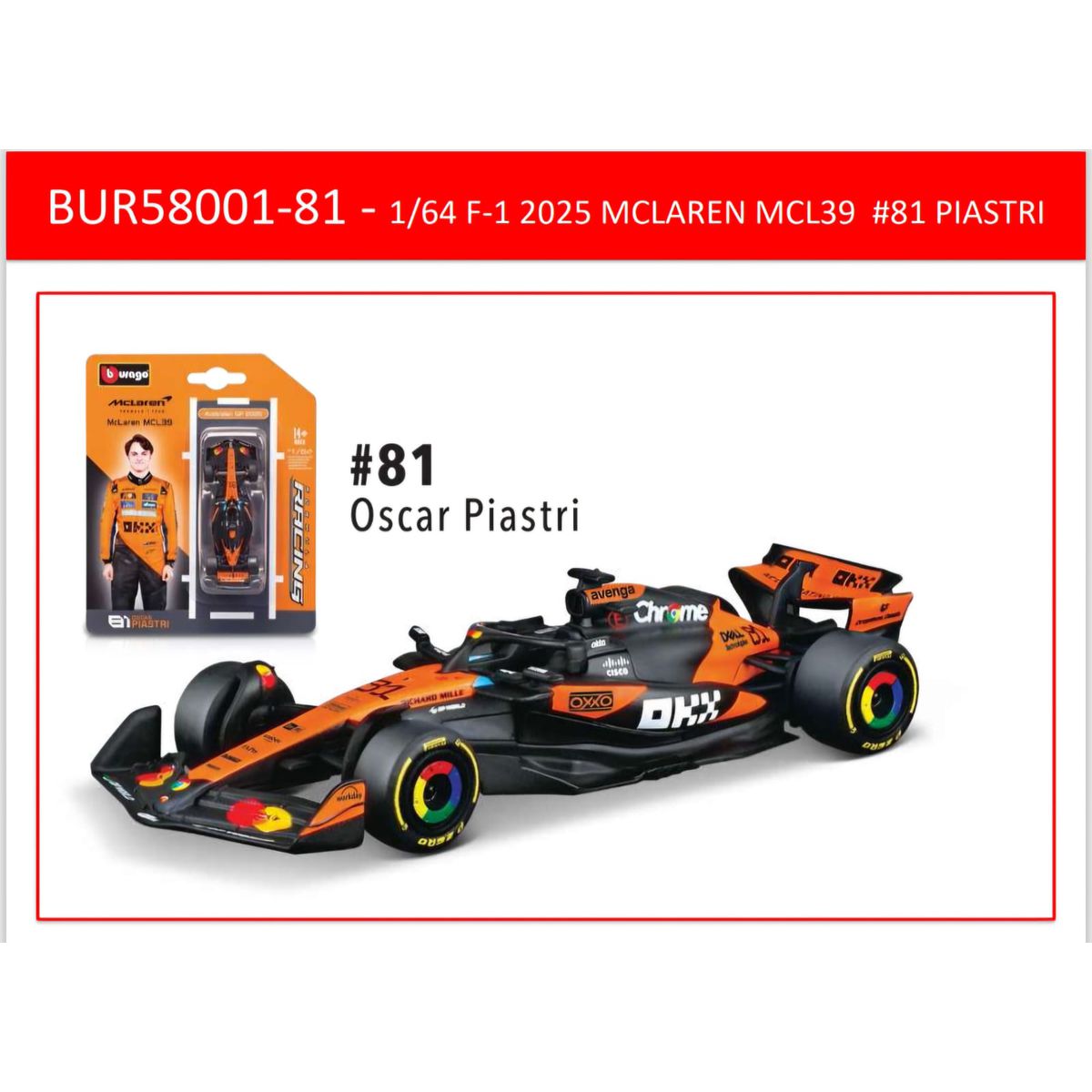 ​Bburago Fórmula 1 Mclaren Racing MCL-39 Oscar Piastri 2025 1:64 Bburago