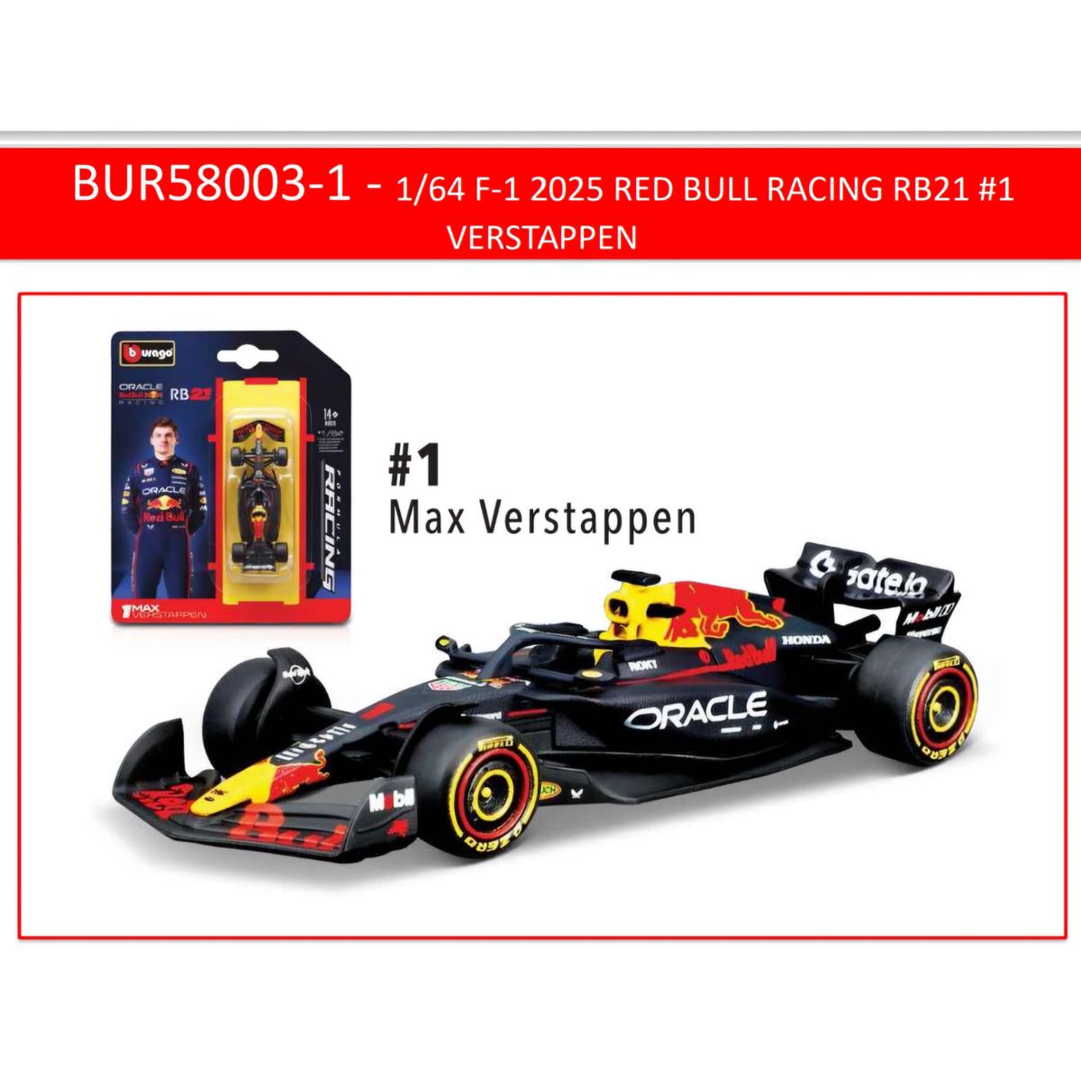 ​Bburago Fórmula 1 Red Bull Racing RB-21 Max Verstapen 2025 1:64 Bburago