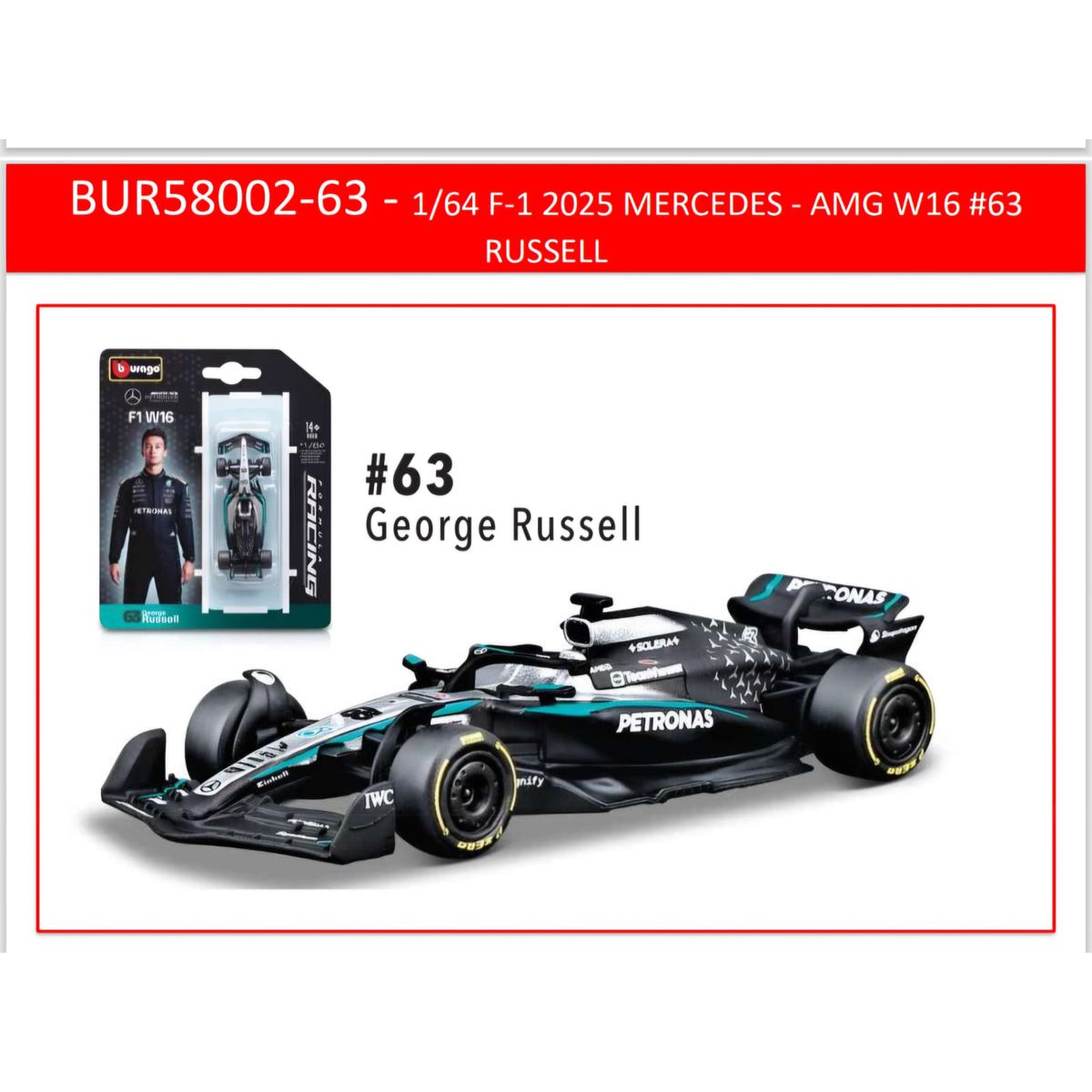Bburago Fórmula 1 Mercedes - AMG - W16 Georgi Russel 2025 1:64 Bburago