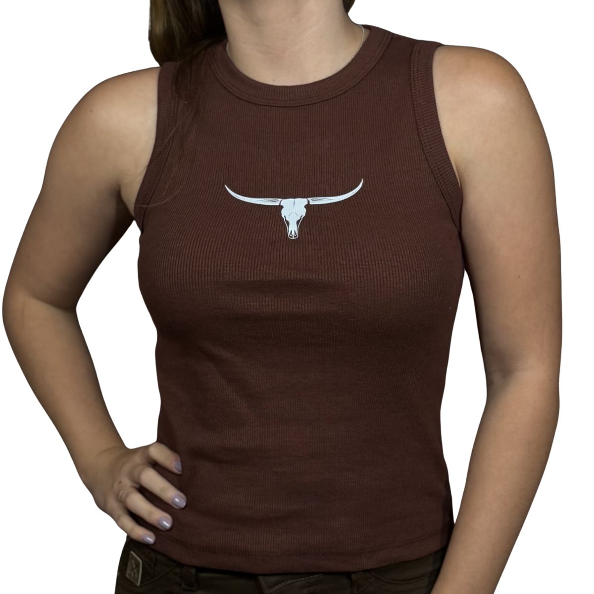 Camiseta Regata Canelada Country Marrom Longhorn -... - CLUB 21 COUNTRY