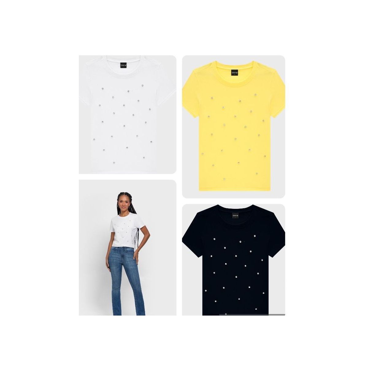 T-Shirt Com Aplique Strass- ENFIM Amarelo - Fátima Modas