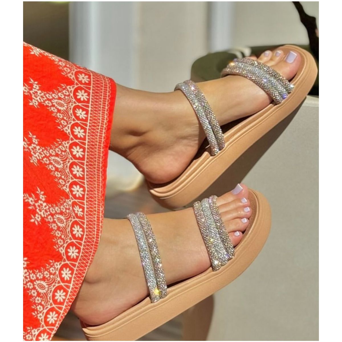 Tamanco Sandália Feminino Moleca Strass Nude - Fátima Modas