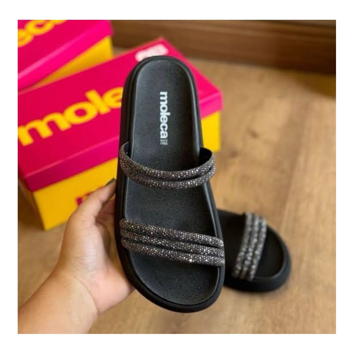 Tamanco Sandália Feminino Moleca Preta Strass - Fátima Modas