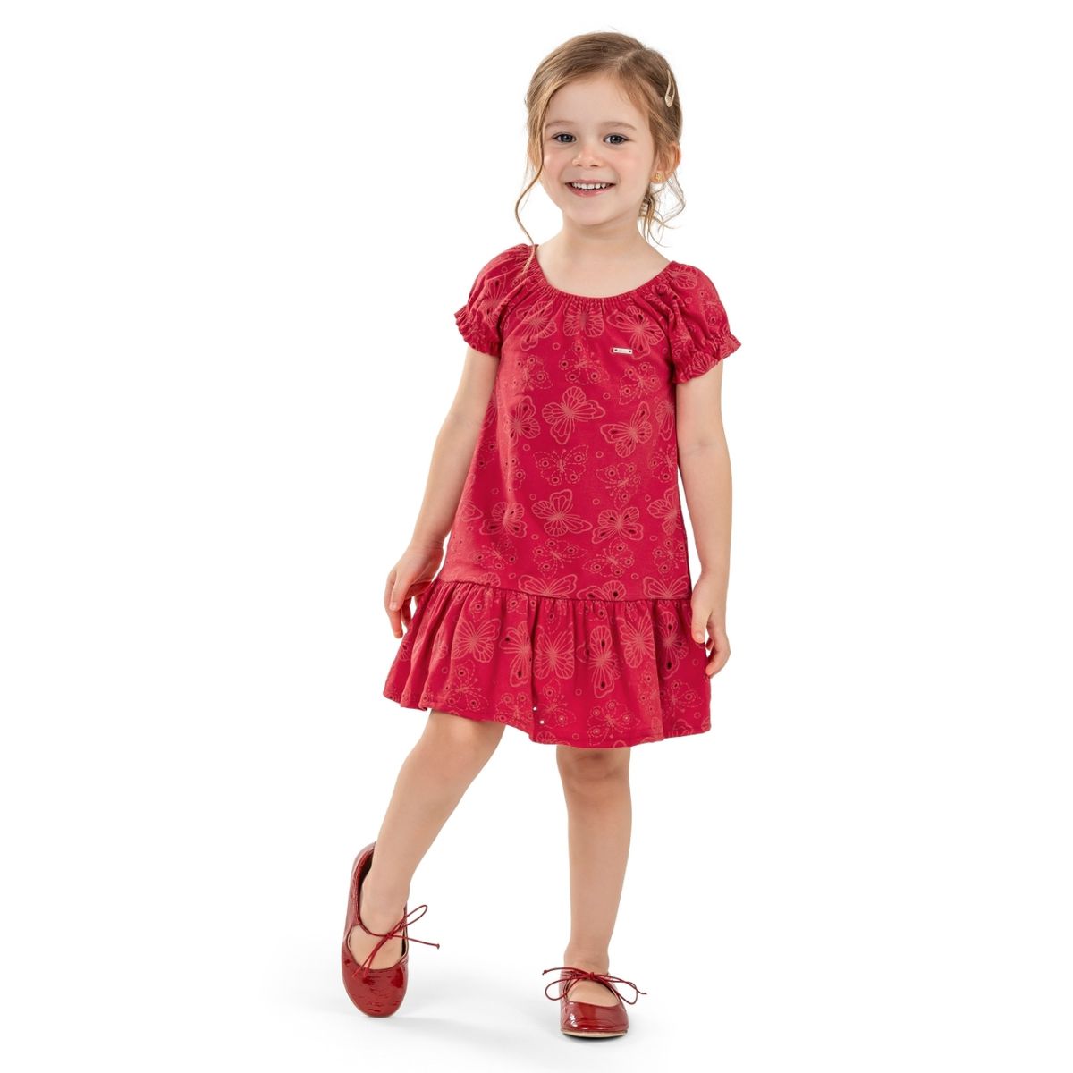 Vestido Infantil Menina Borboletas Elian Vermelho - Fátima Modas