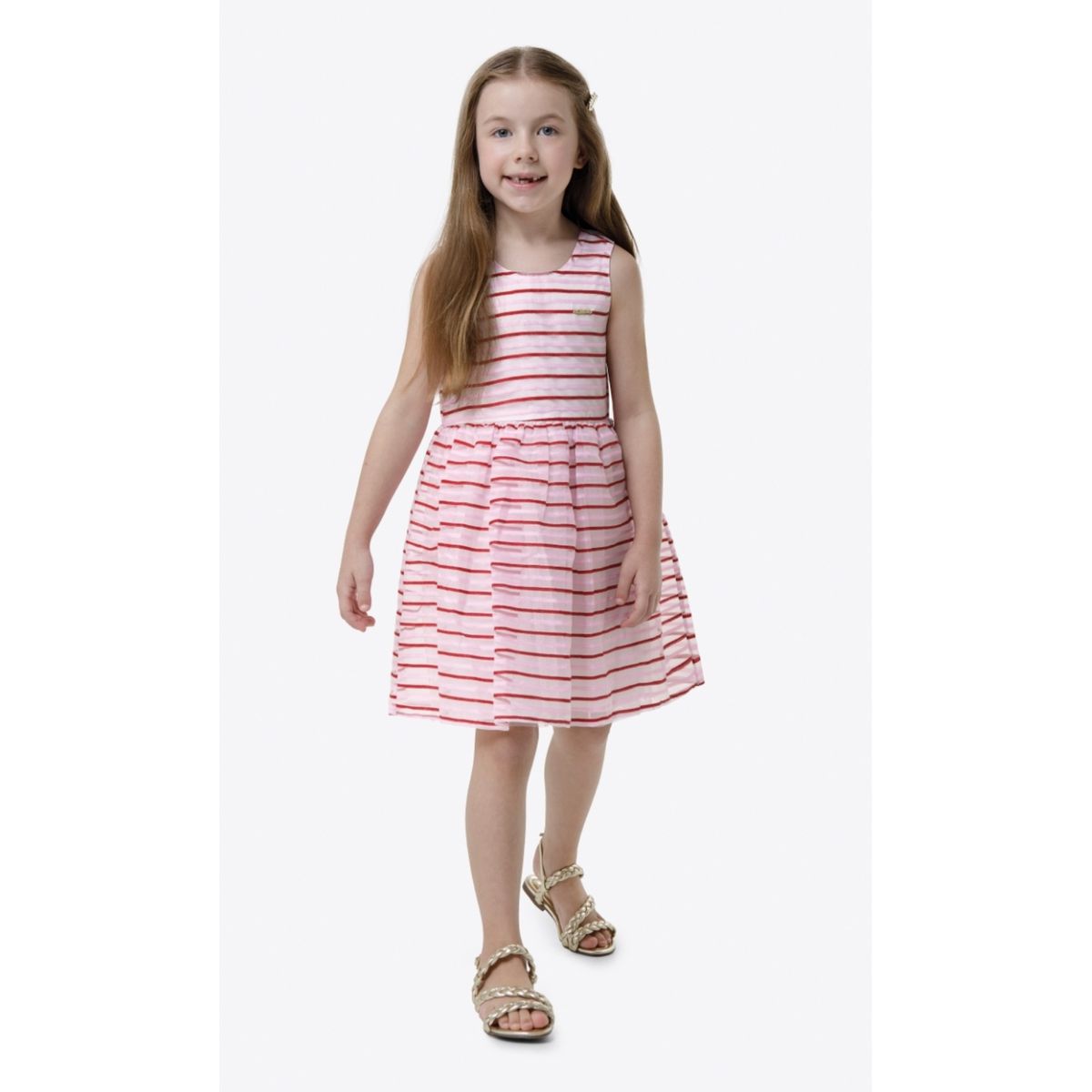 Carinhoso - Vestido Vermelho Listrado com Lurex - Fátima Modas