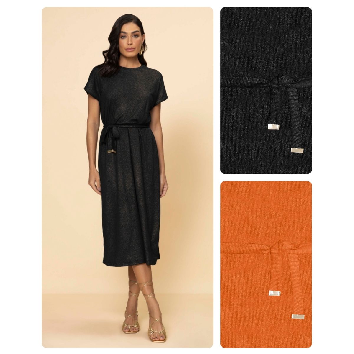 Vestido Midi Em Ribana Canelada Lurex Rovitex Pret - Fátima Modas