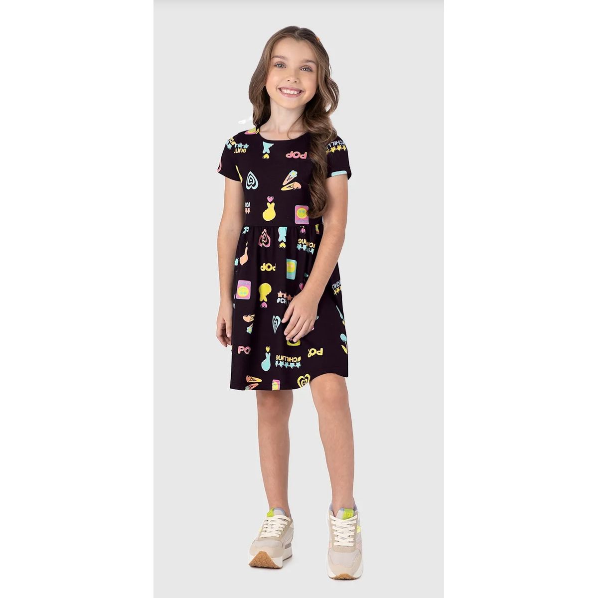 Vestido Infantil Estampado Acinturado Em Algodão M... - Fátima Modas
