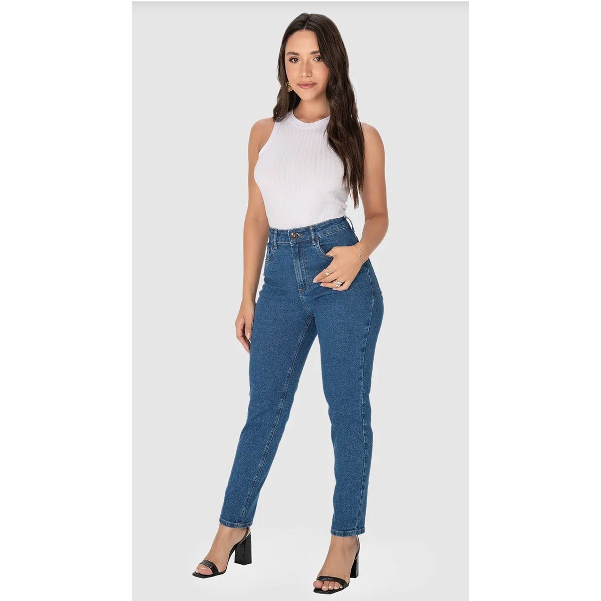 Calça Feminina Mom Cintura Alta Em Jeans Com Elast... - Fátima Modas