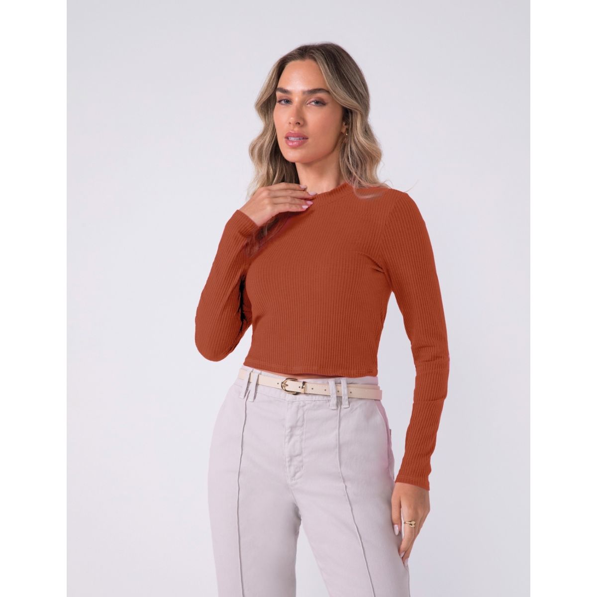 Blusa Manga Longa Feminina Canelada Terracota - Fátima Modas