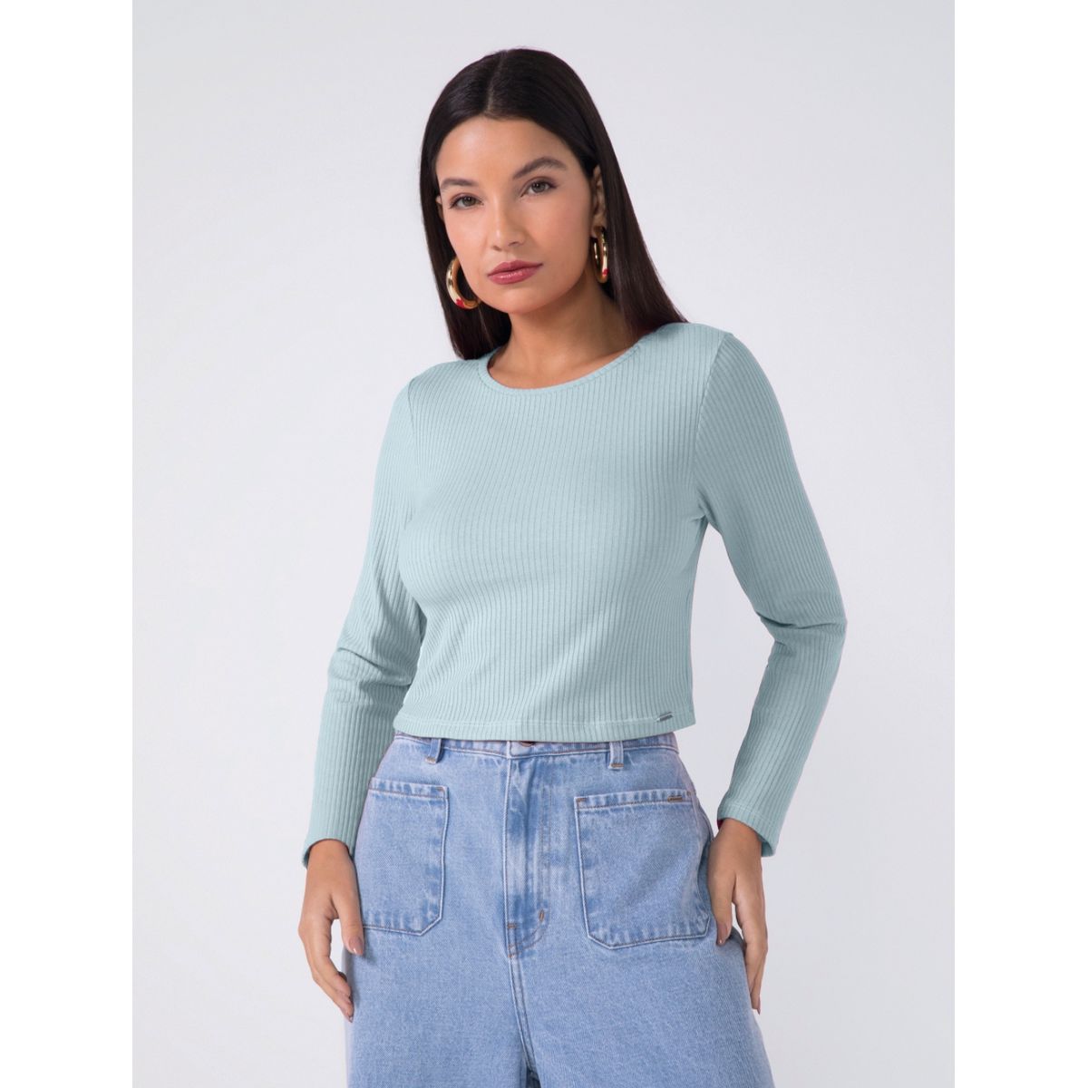 Blusa Manga Longa Canelada Cropped - Fátima Modas