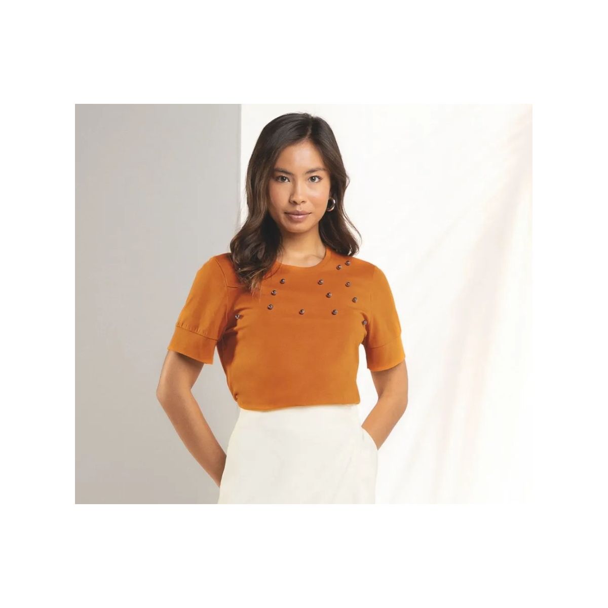 Blusa Feminina Com Aplicações Marialícia Laranja - Fátima Modas