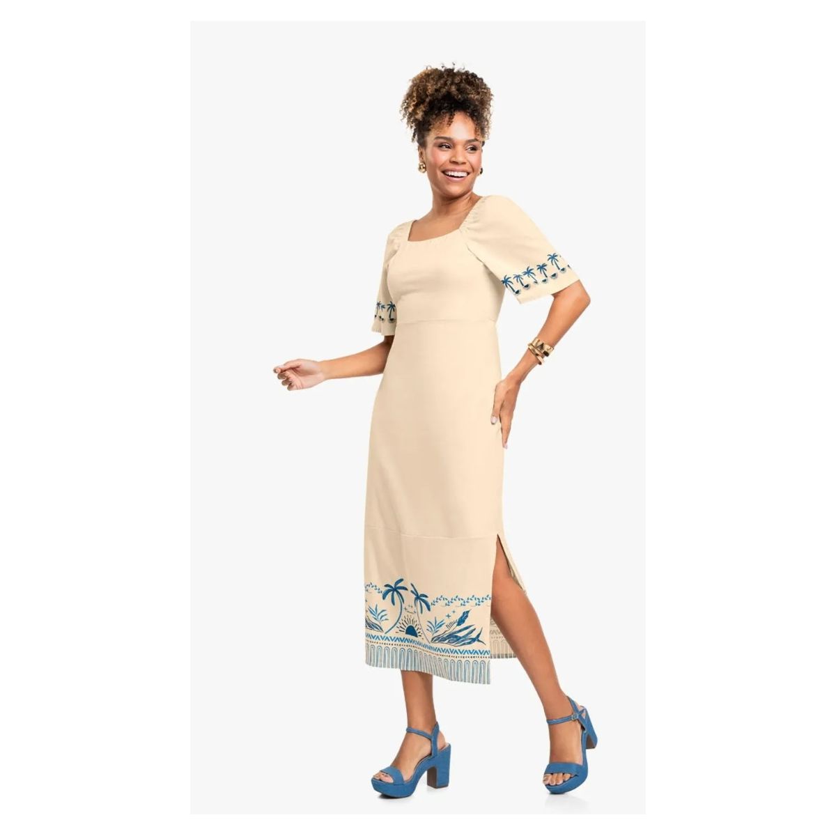 Vestido Midi com Estampa Metalizada e Mangas Bufan... - Fátima Modas
