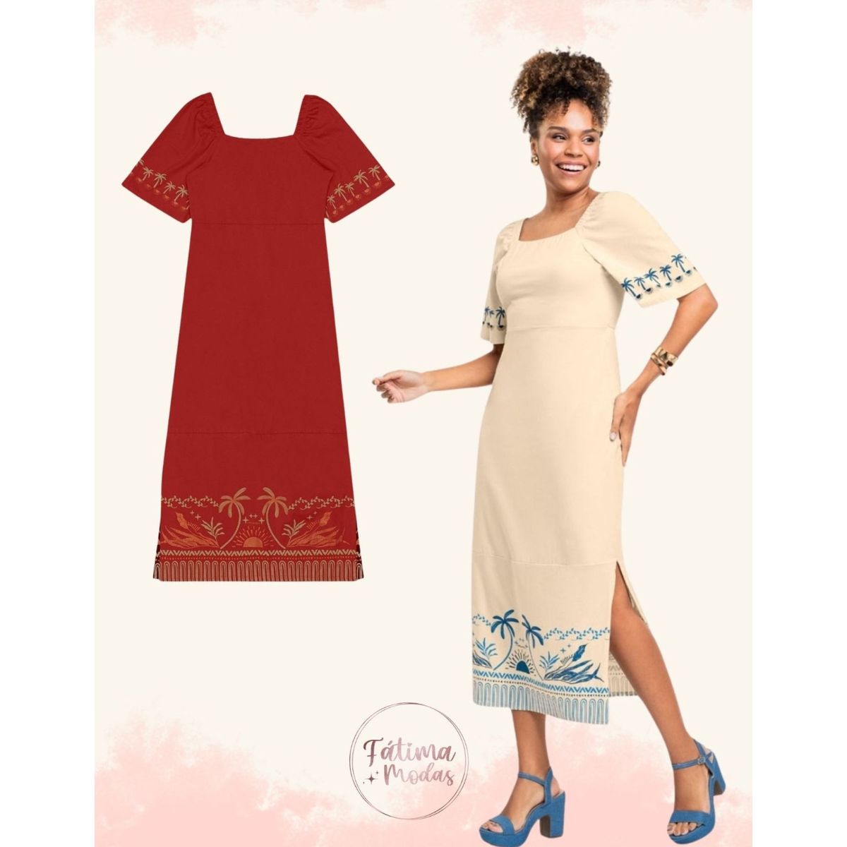 Vestido Midi com Estampa Metalizada e Mangas Bufan... - Fátima Modas