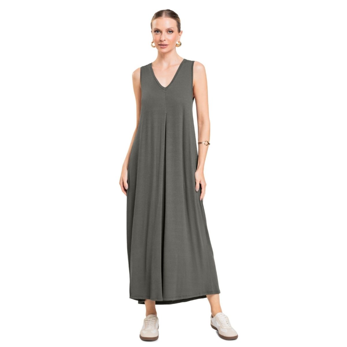 Vestido Midi com Decote V e Pregas Frontais - Cere... - Fátima Modas