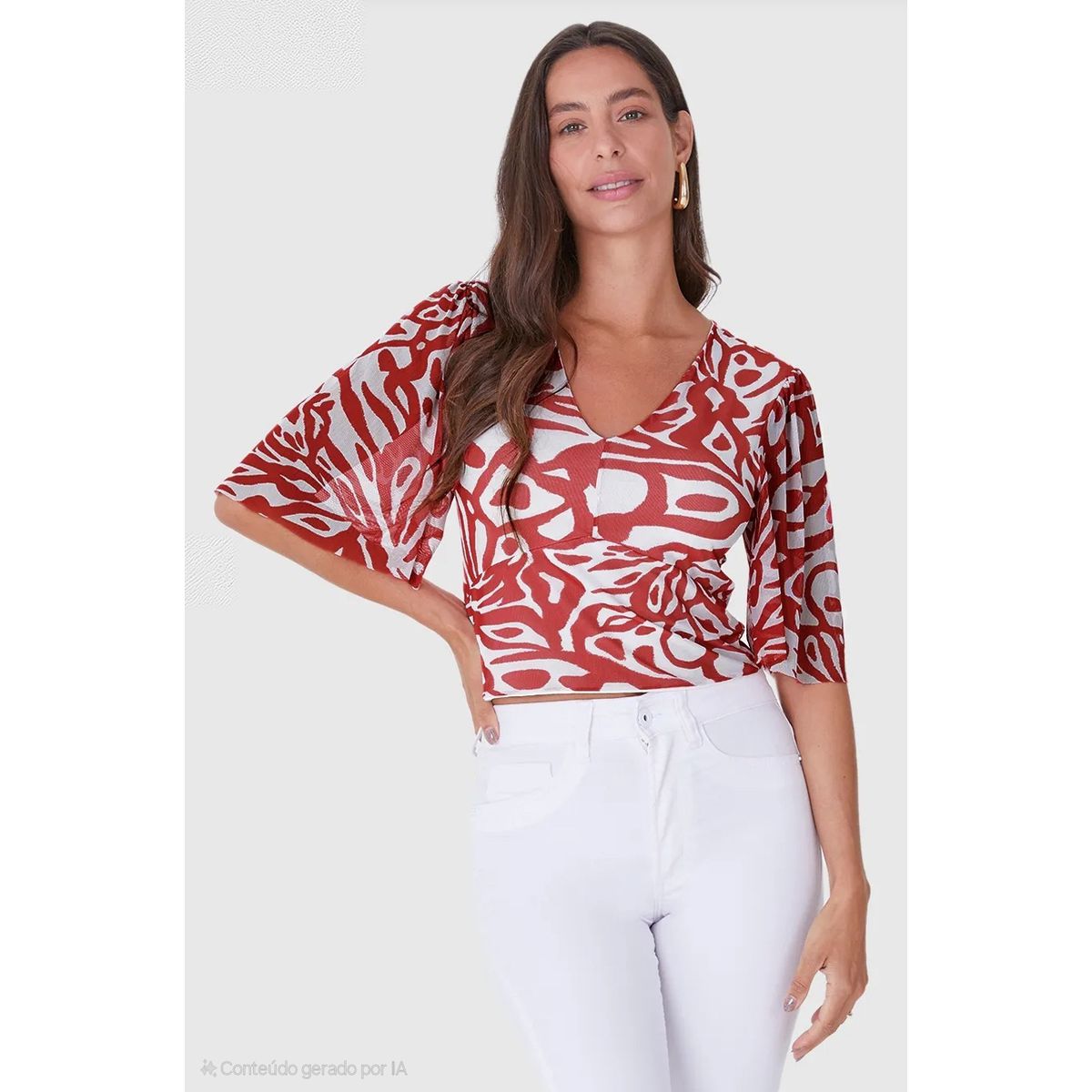 Blusa Cropped Feminina Estampada Decote V Em Tule ... - Fátima Modas