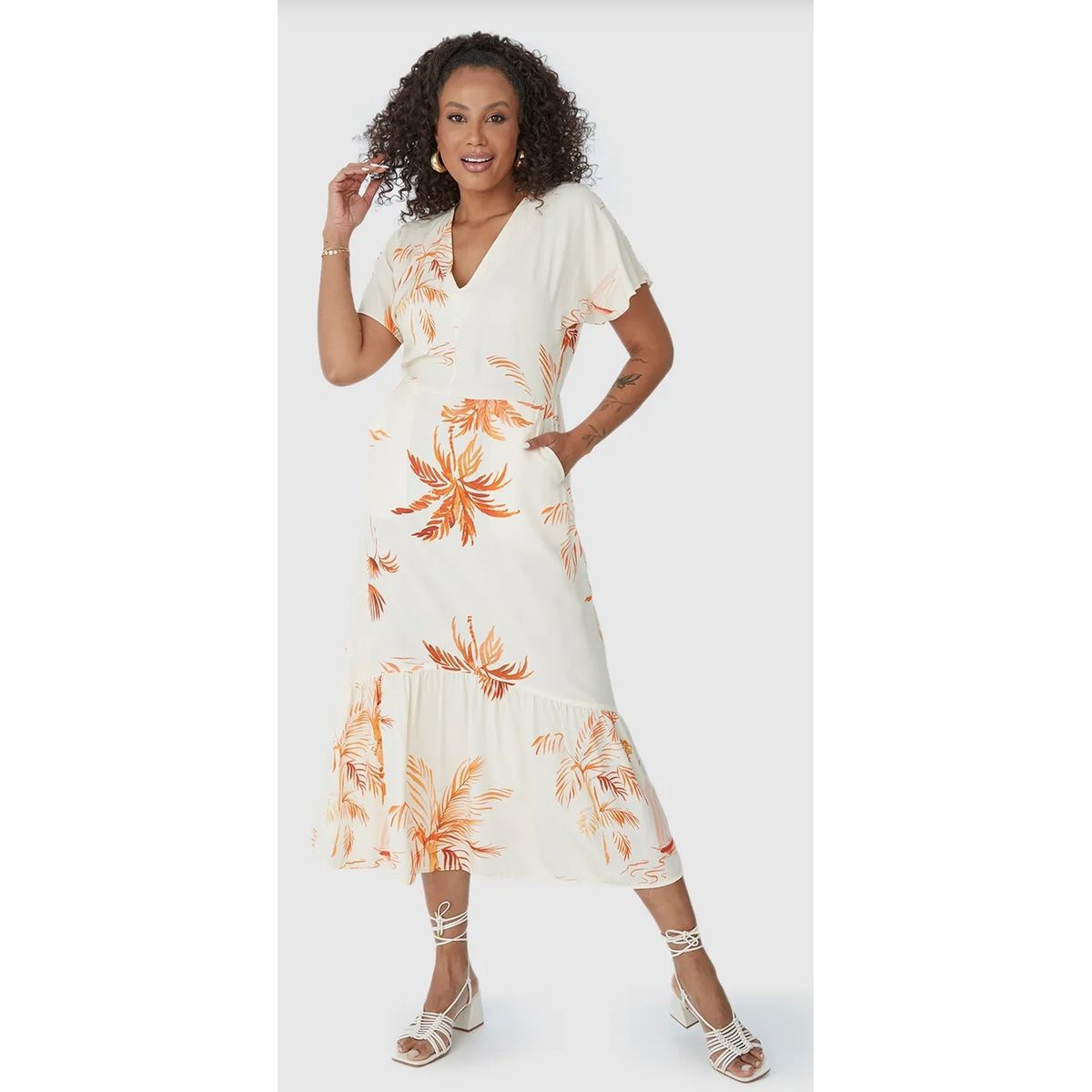 Vestido Midi Feminino Evasê Estampado Em Viscose - Fátima Modas