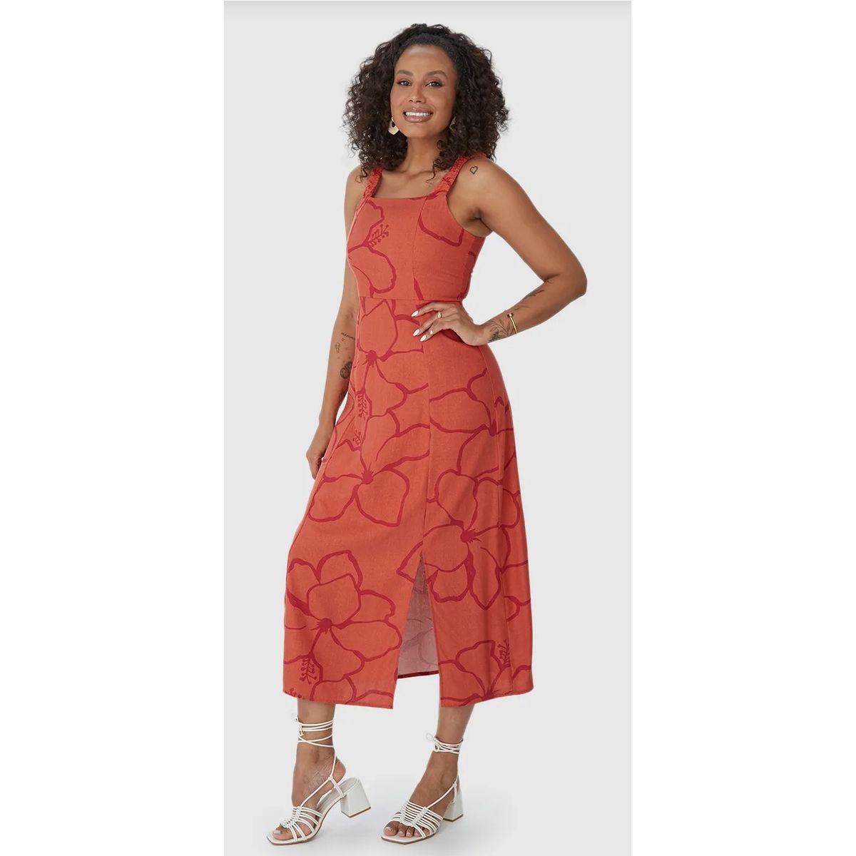 Vestido Midi Feminino Acinturado Fenda Frontal Em ... - Fátima Modas