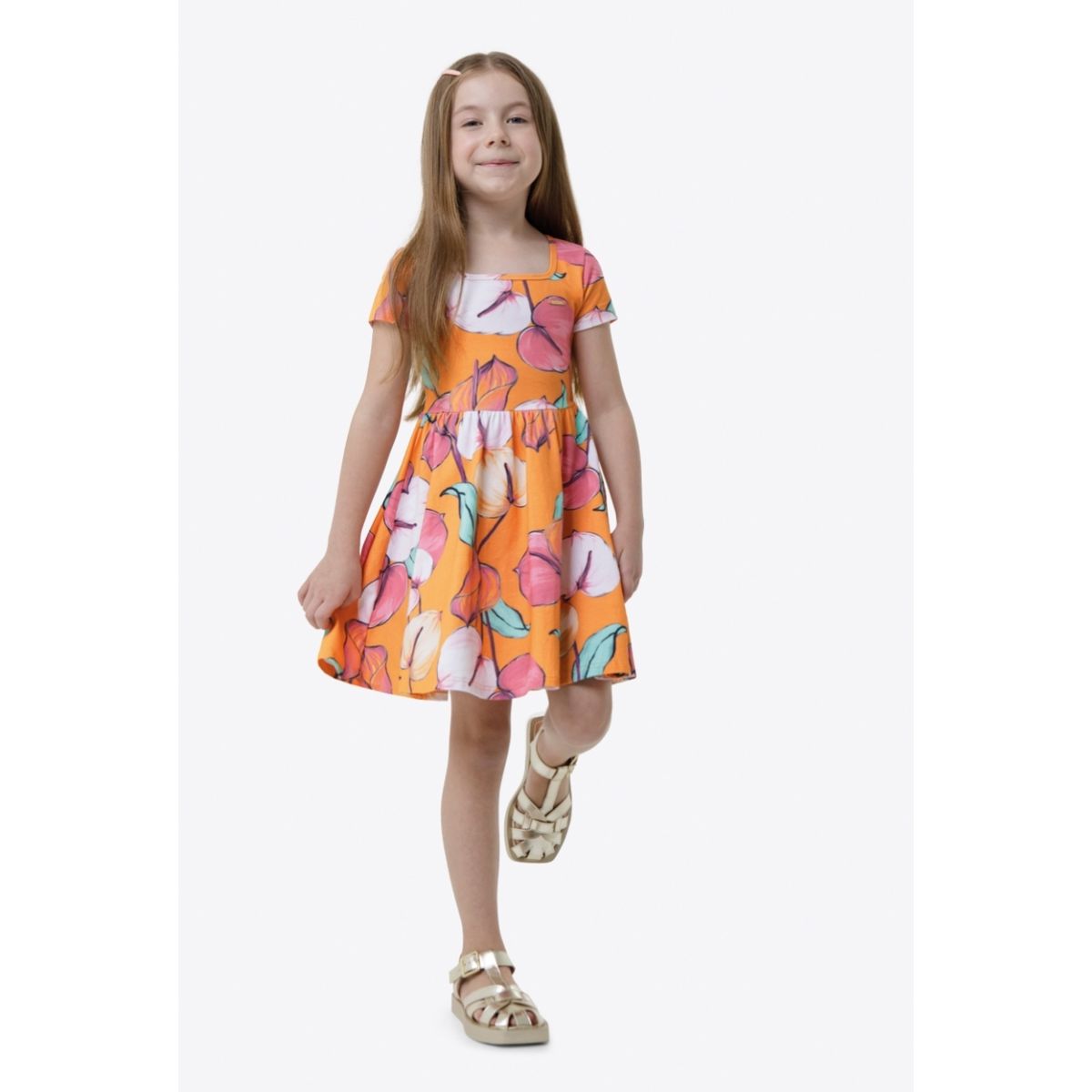 Carinhoso - Vestido Antúrios Menina Laranja - Fátima Modas
