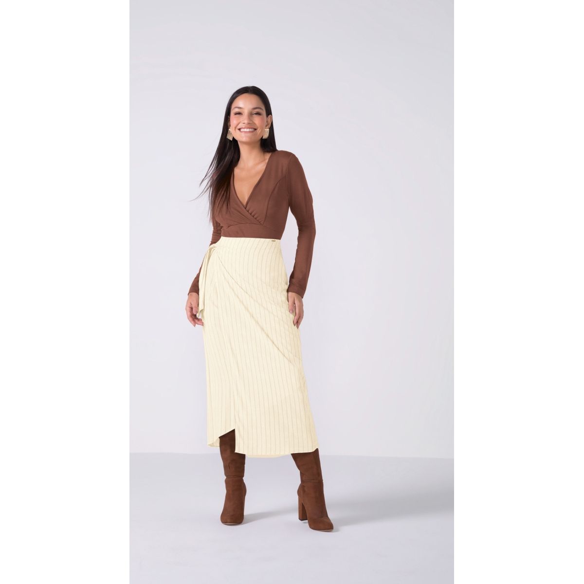 BODY Collant Feminino Decote V Manga Longa Marrom - Fátima Modas