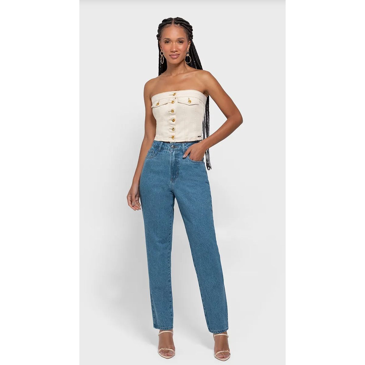 Calça Feminina Reta Cintura Alta Em Jeans 100% Alg... - Fátima Modas