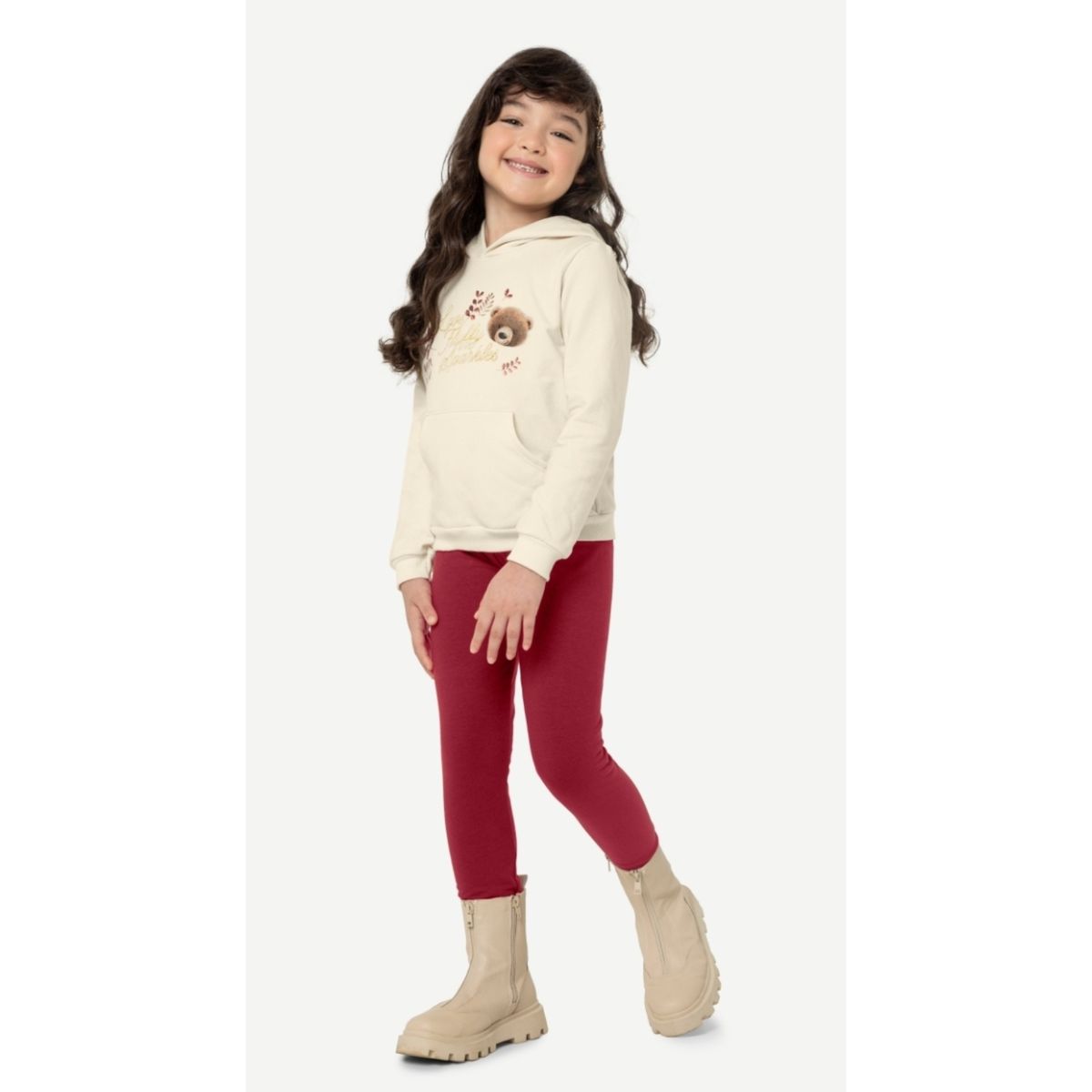 CONJUNTO INFANTIL MOLETOM MENINA CREME E VINHO URS... - Fátima Modas