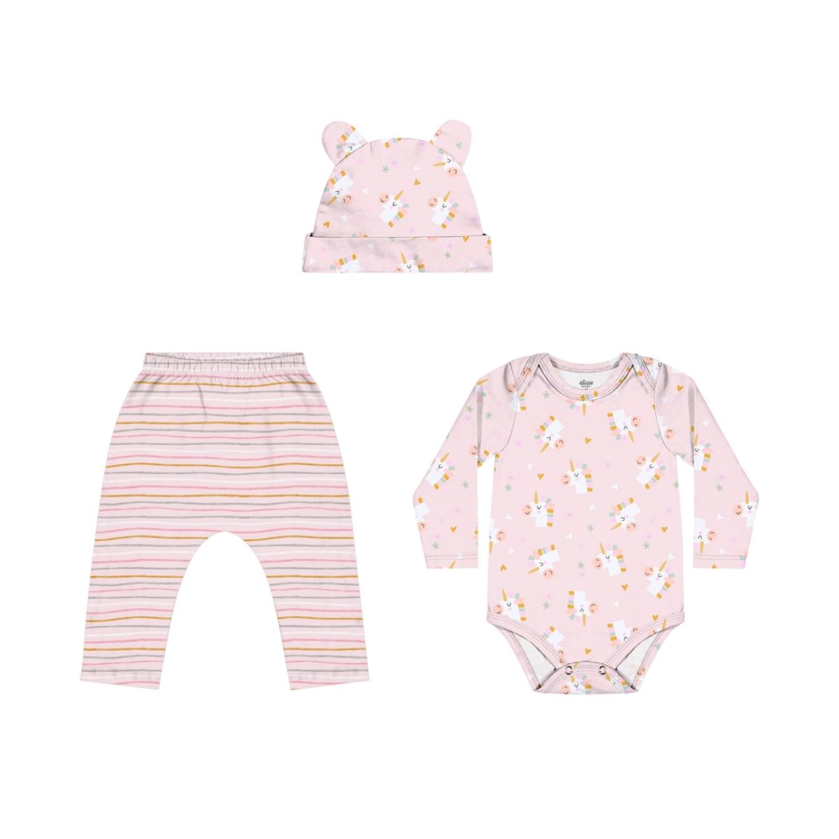 Kit Bebê Menina Estampado com Touca Elian Rosa - Fátima Modas
