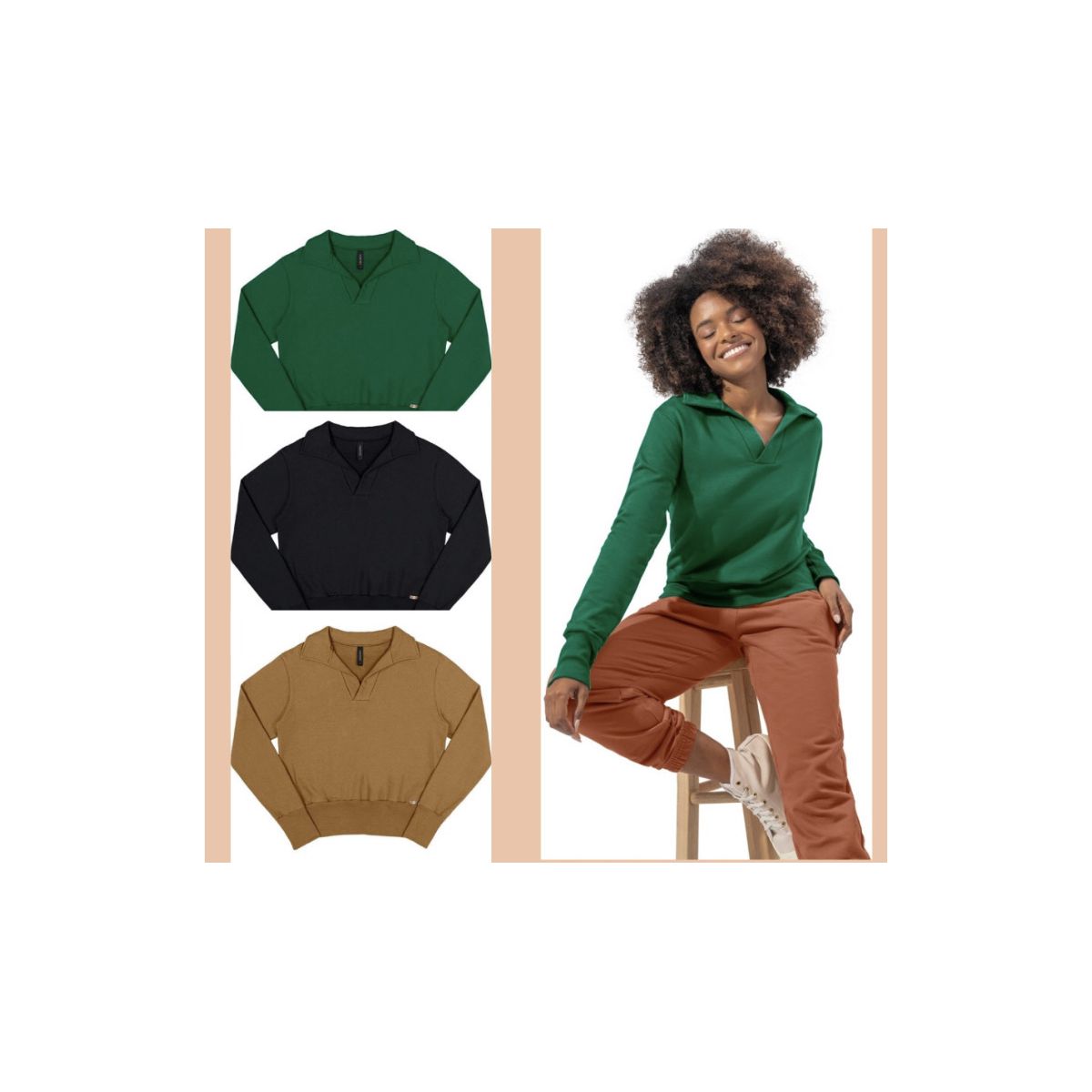 Blusa Polo Moletom Preta - Fátima Modas