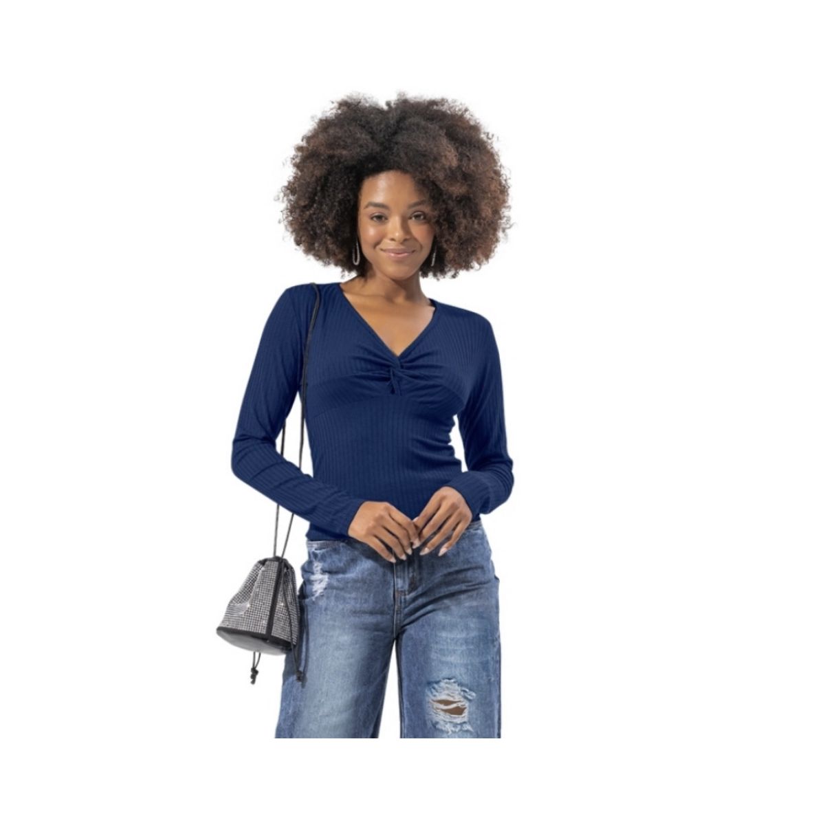 Blusa Canelada Cereja Rosa Azul - Fátima Modas
