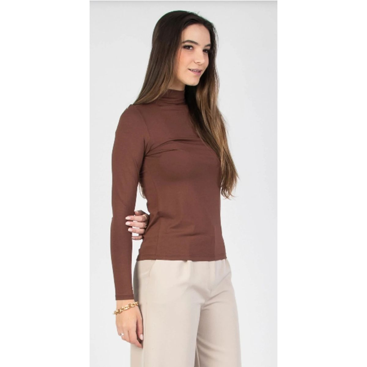 BLUSA BÁSICA MALHA MANGA LONGA GOLA Marrom - Fátima Modas